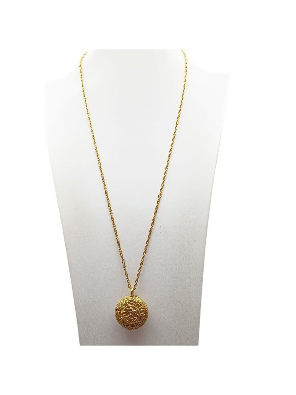 Vintage Max Factor Aquarius Gold-Tone Filigree Solid Perfume Necklace with Long